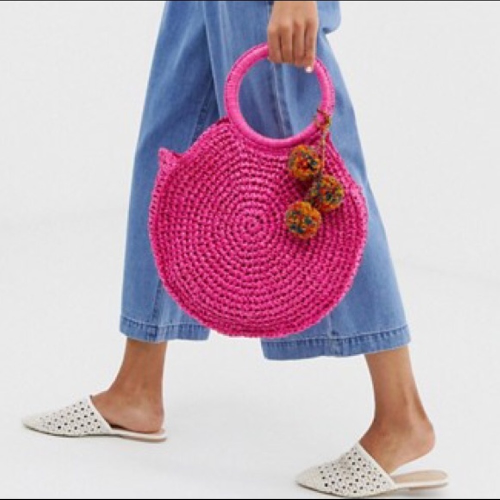 Boho Woven Straw Circle Tote Bag w/ Pom Poms